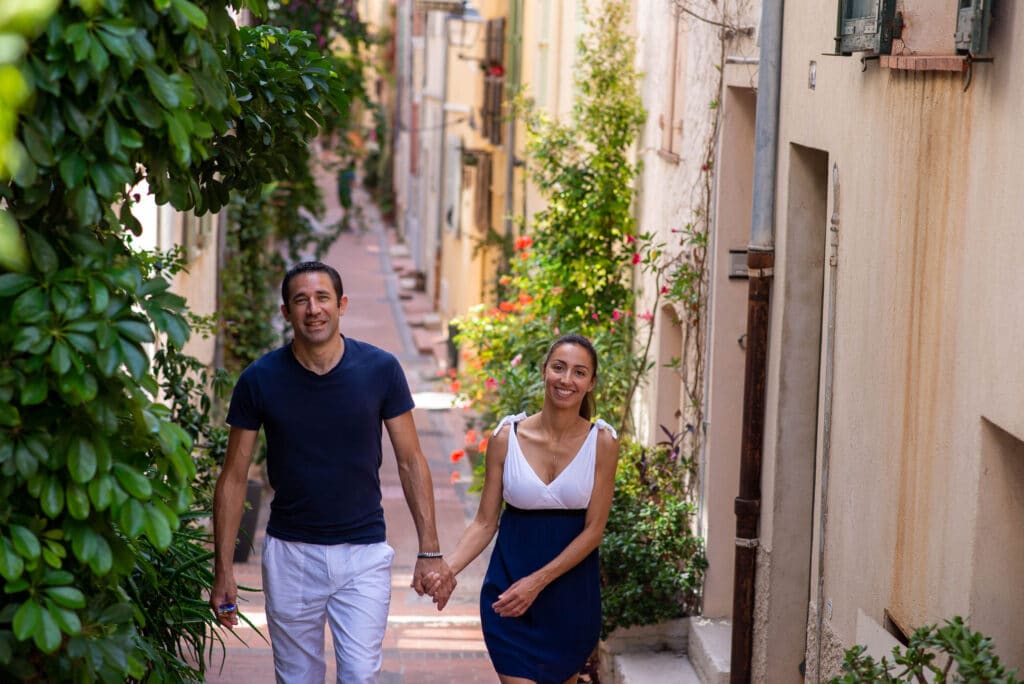 Future bride and groom walking