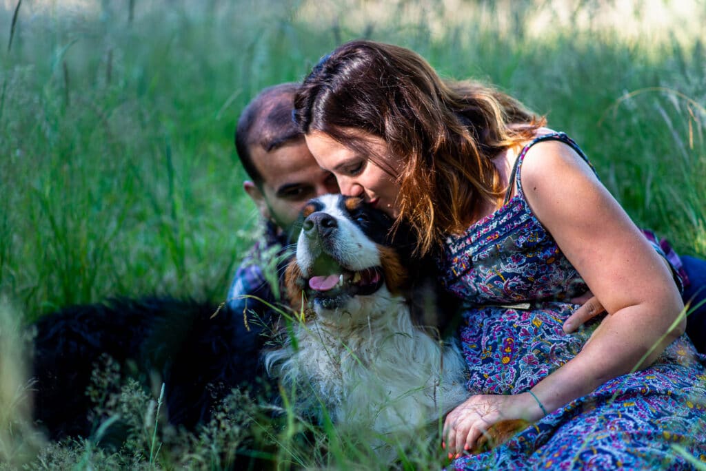 A pregnancy session in the grass with their dog